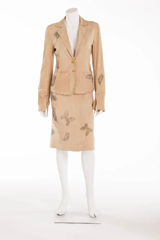 Advanced Customization Roberto Cavalli - 2PC Tan Suede Butterfly Skirt and Jacket - S