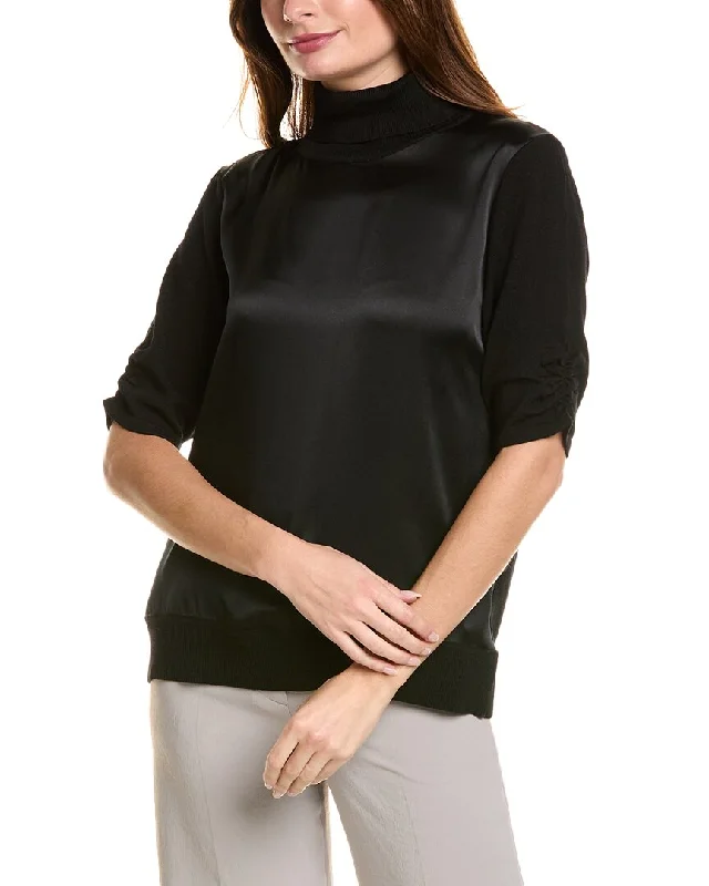 Sweet Stand-Up Collar Style Elie Tahari Satin Front Wool & Cashmere-Blend Sweater