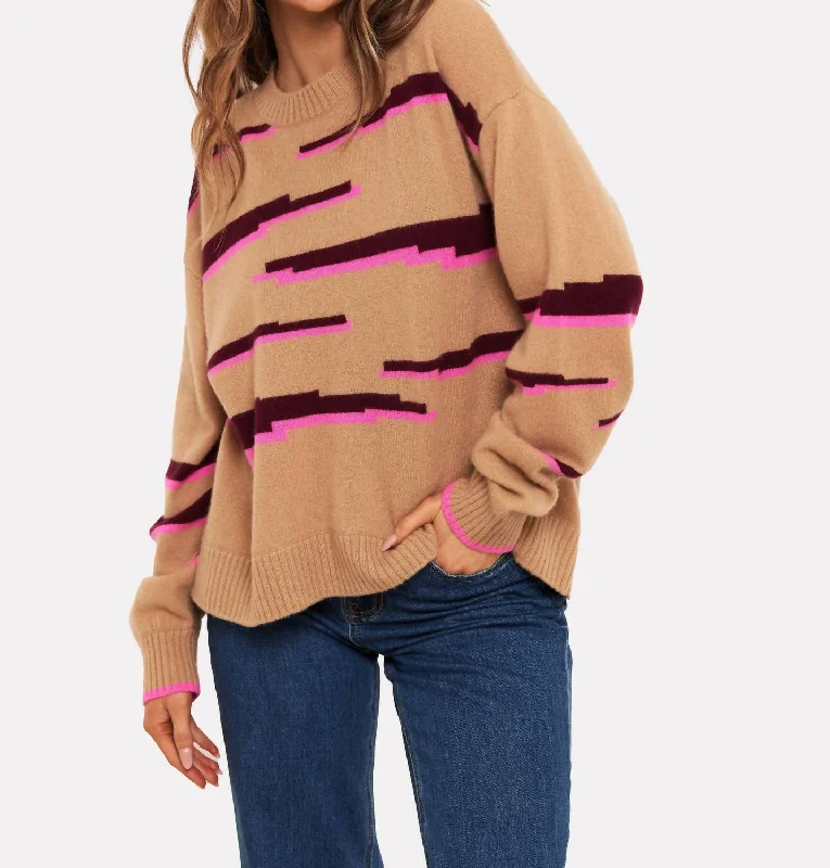 Single-shoulder Neck Design Glitch Zebra V Neck Sweater In Camel/sangria/diva Pink