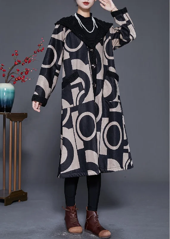 Cool Summer Plus Size Black Hooded Print Fleece Wool Lined Trench Winter