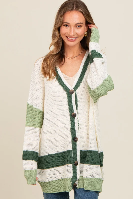 Sweet College Style Olive Green Colorblock Button Down Cardigan