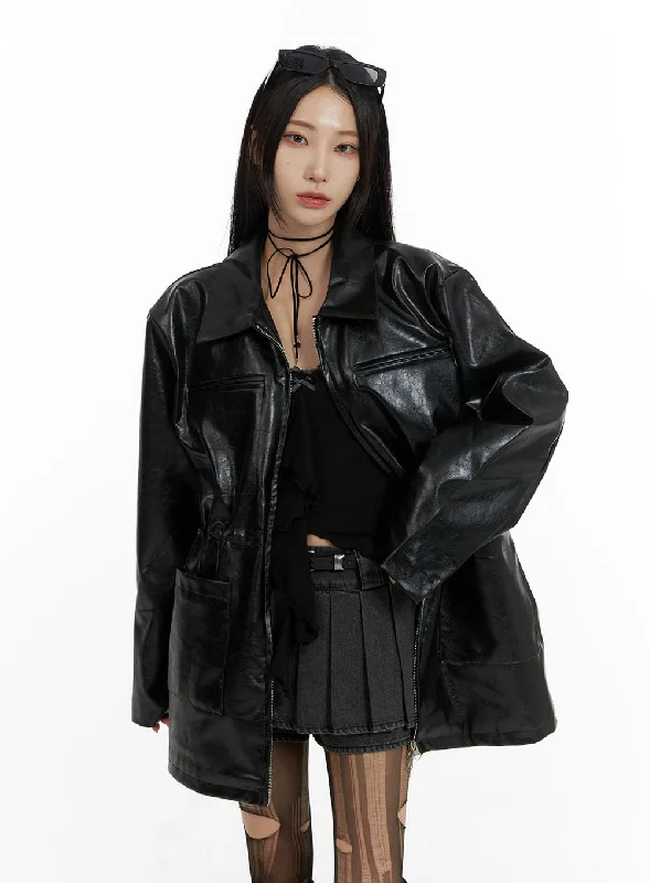 Boutique style Zip-Up Faux Leather Midi Coat CF429