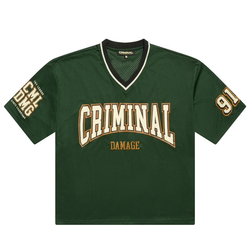 Street Personality Style Criminal Damage Mesh V Neck Jersey - Green