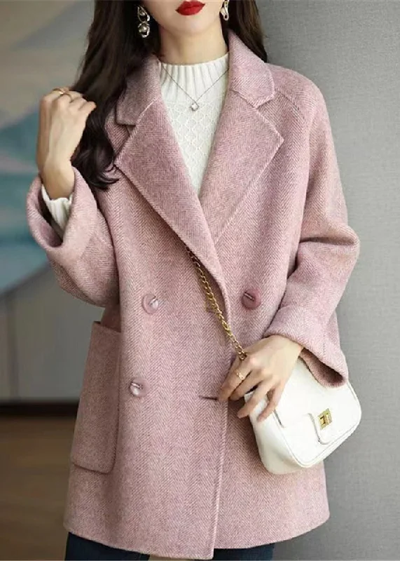 Street Sports Style Beautiful Pink Double Breast Pockets Patchwork Woolen Coats Winter