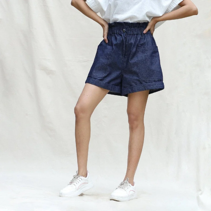 Fun and cute Indigo Cotton Denim High-Rise Paperbag Elasticated Shorts