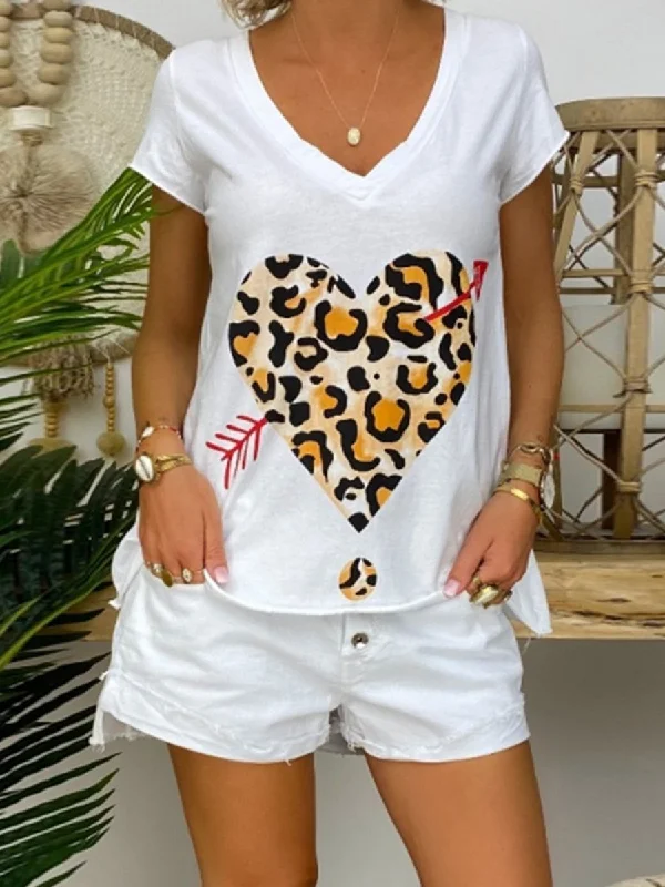 Sweet Age-Reducing Style Casual V-neck Love Leopard Print Set