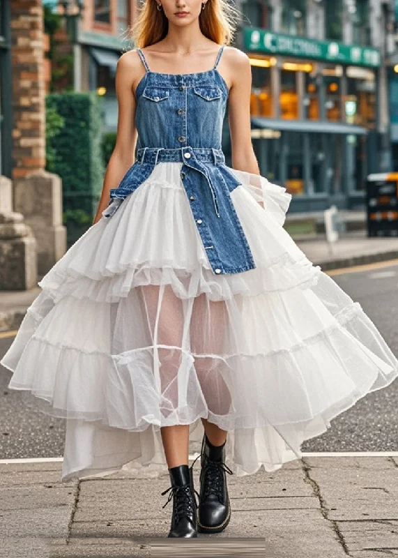 Sweet Age-Reducing Style Denim Blue Patchwork Tulle Spaghetti Strap Dress Exra Large Hem Summer