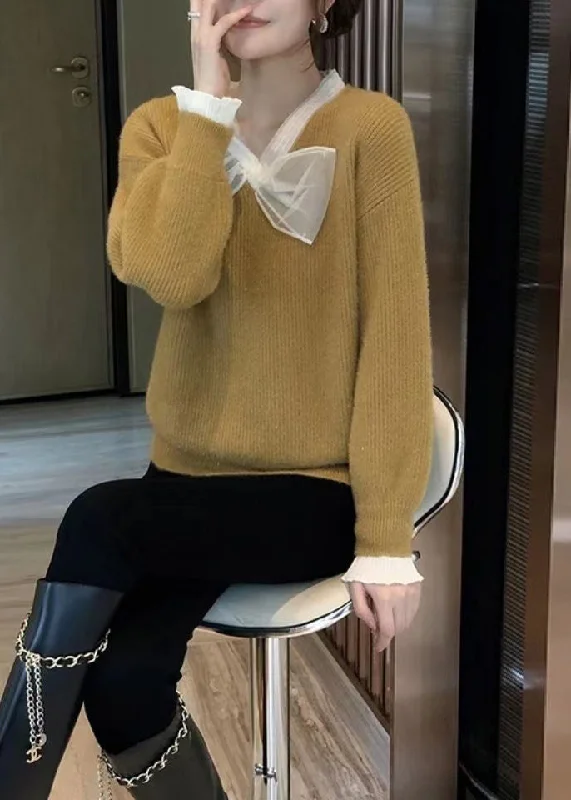 Retro Design French Yellow V Neck Bow Patchwork Woolen Knitted Sweaters Fall