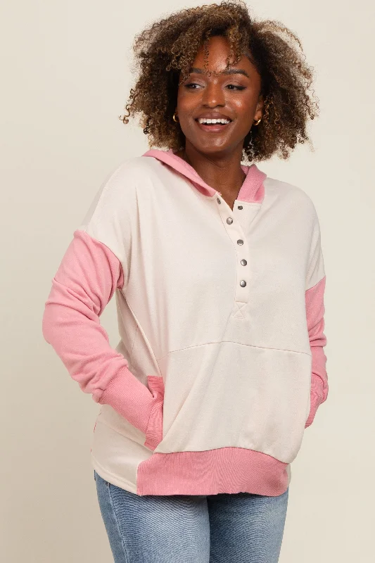 Sweet breath Beige Colorblock Relaxed Fit Hoodie