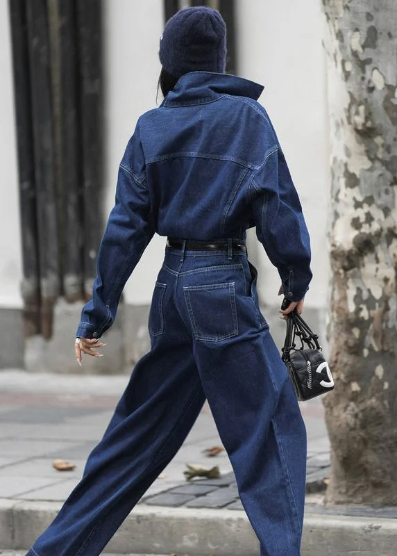 Street Style Suit French Blue Peter Pan Collar Pockets Denim Jumpsuit Fall