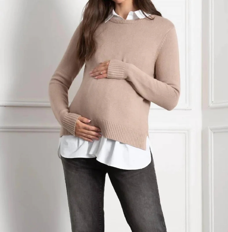 Personalized print Kerryn Knit Maternity + Nursing Sweater With Woven Shirt In Camel