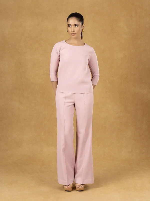 Skirt style Pink Solid Boxy Top with Pullover Wide Leg Trousers