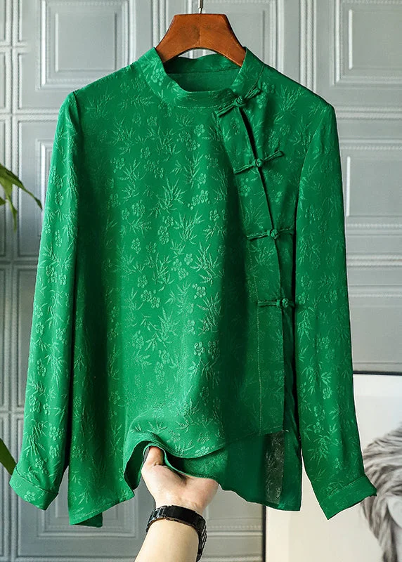 Sweet Korean Style Retro Green Mandarin Collar Button asymmetrical design Jacquard Silk Shirts Spring