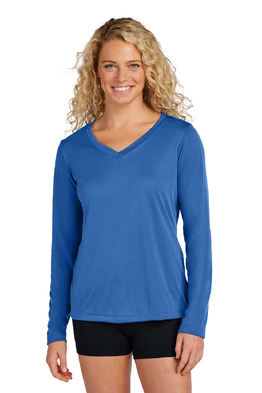 Retro Lace Fabric Sport-Tek Womens Competitor Moisture Wicking Long Sleeve V-Neck T-Shirt - Royal Blue