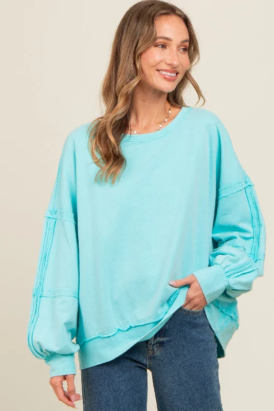 Warm Winter Series Aqua Raw Hem Detail Pullover Top