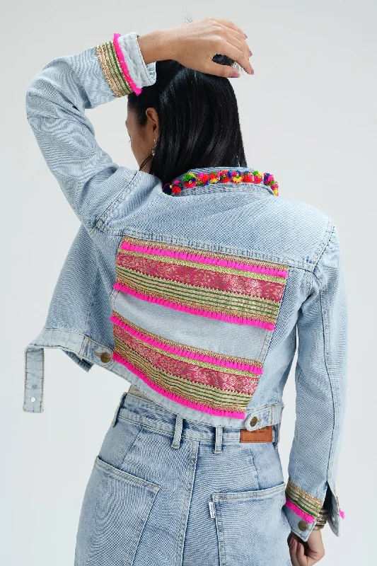 Retro Skirt Design Patola Crop Denim Jacket