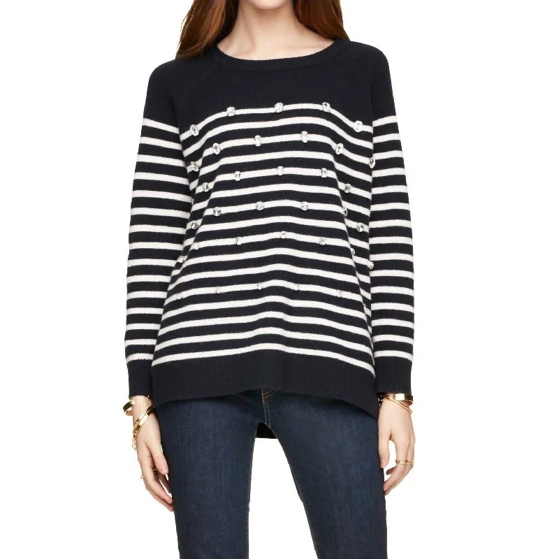 Beautiful Romance Crystal Embellished Stripe Merino Wool Pullover Sweater In Blue