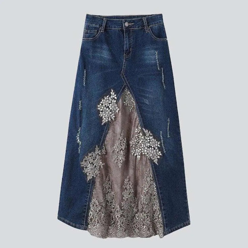 Sweet Unique Design Jeans skirt decorated with lace