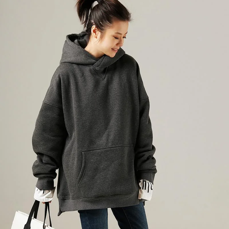 Sweet Chiffon Style Simple cotton Blouse stylish big pockets Outfits gray silhouette top hooded