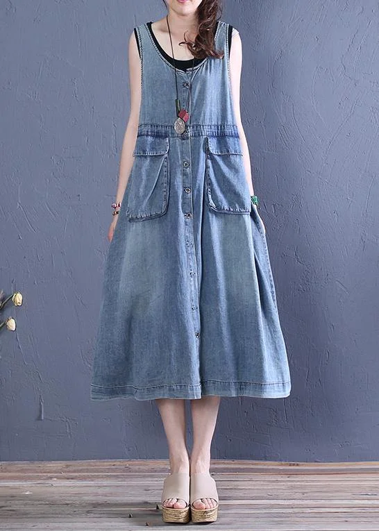 High waist design Women o neck pockets Cotton summer Tunics Tutorials denim blue Dresses