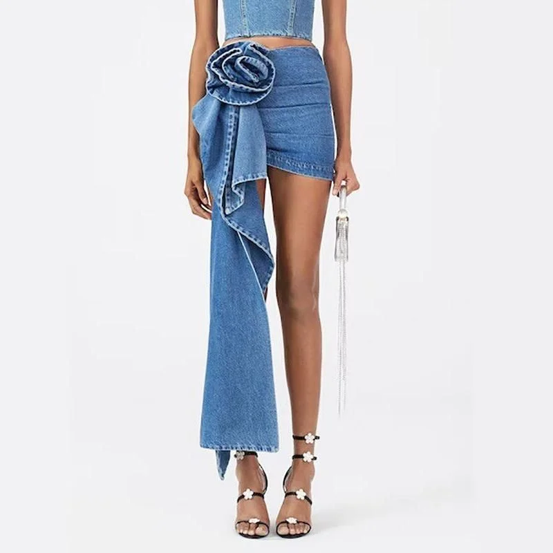 Sweet Soft Feeling Chic High Waist Blue Denim Skirt with 3D Rose Detail