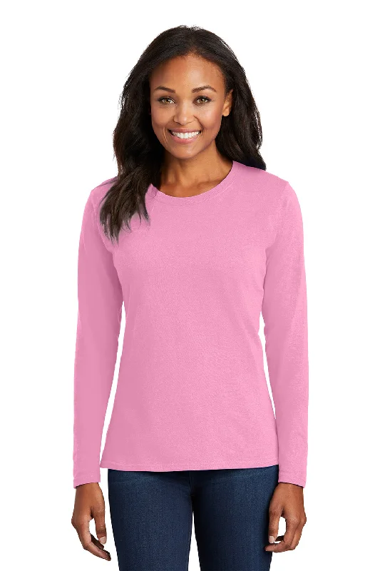 Casual And Versatile Port & Company Womens Core Long Sleeve Crewneck T-Shirt - Candy Pink