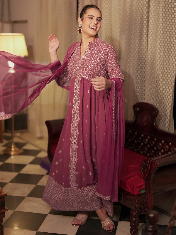 Minimal Style Chandni Mauve Embroidered Georgette A-Line Kurta With Trousers & Dupatta