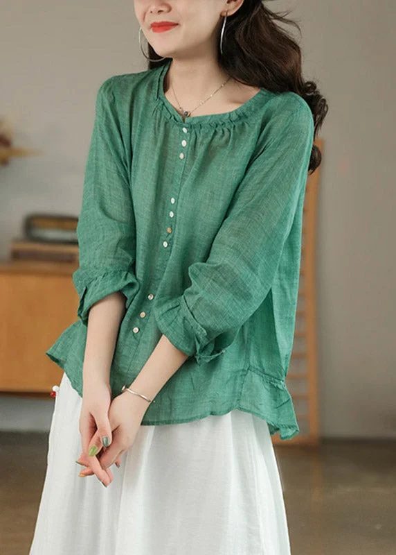 Printed pattern Plus Size Green Patchwork Ruffles Linen Blouses Long Sleeve