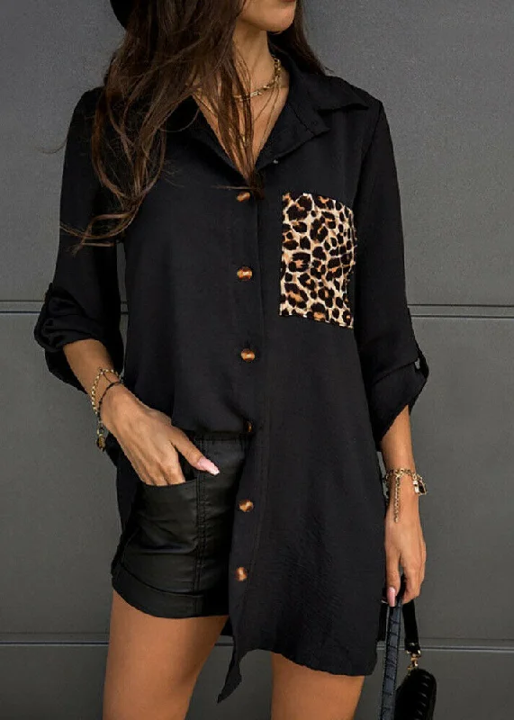 Fashionable and versatile Plus Size Black Peter Pan Collar Leopard Print Cotton Blouse Tops Long Sleeve