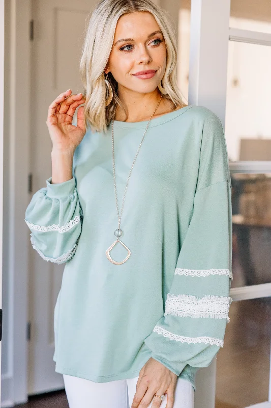 Fashionable and casual Who You Are Sage Green Crochet Lace Sleeve Top