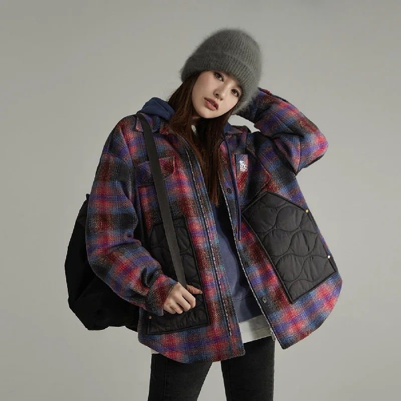 Sweet Age-Reducing Style Color Block Check Loose Fit Coat