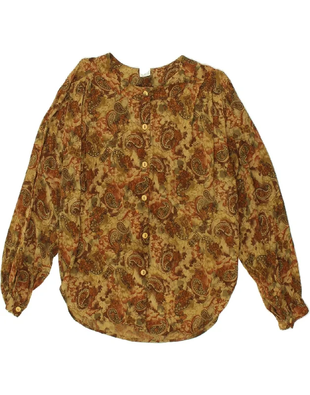 Retro Literary Style VINTAGE Womens Shirt Blouse IT 42 Medium Khaki Paisley Viscose