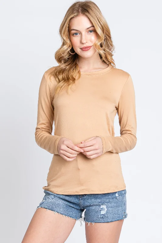 Retro Skirt Design Camel Knit Long Sleeve Round Hem Top