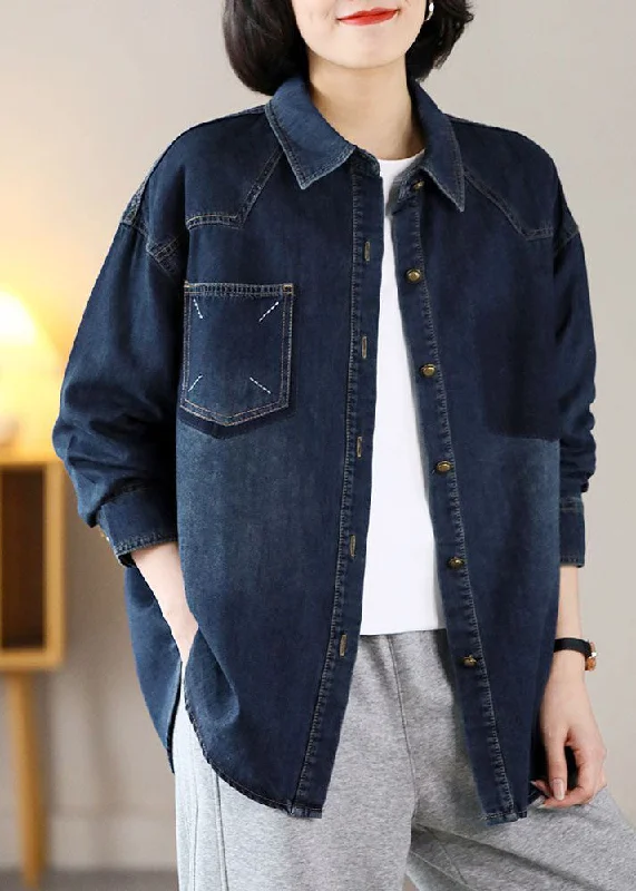 Retro Woolen Jacket Modern Navy Oversized Embroidered Warm Fleece Denim Jackets Spring