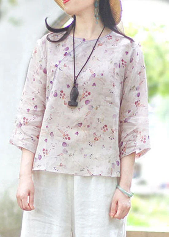 Sweet Girl Plus Size Light Purple O-Neck button print Linen Blouse Top Spring