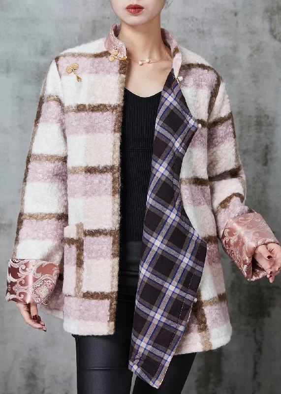 Trendy Traveler Women Pink Plaid Fine Cotton Filled Woolen Chinese Style Coats Spring