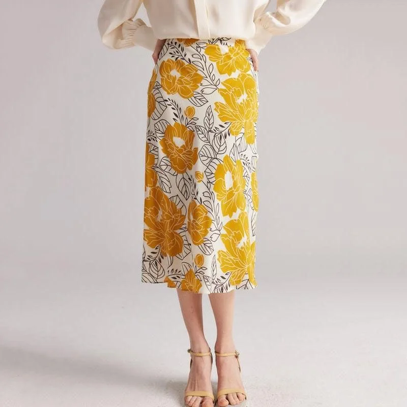 Street Fashion Style 100% Real Silk Floral A-Line Skirt