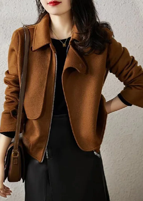 Design Perception French Brown Zip Up Button Patchwork Woolen Coats Fall