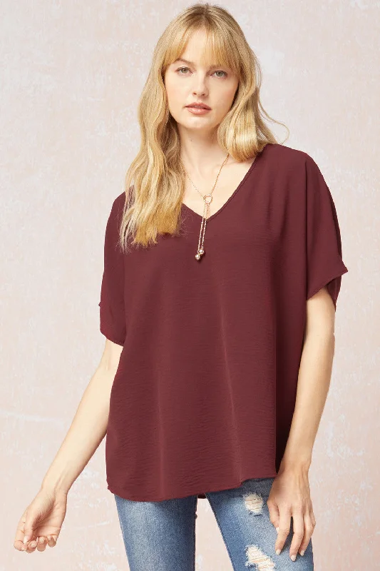 Wandering freely Solid V-Neck Top, Burgundy