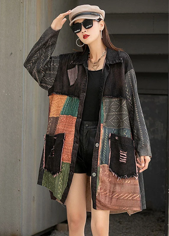 Retro Skirt Design Handmade Denim Patchwork Knit PeterPan Collar Pockets Fall Long sleeve Coat