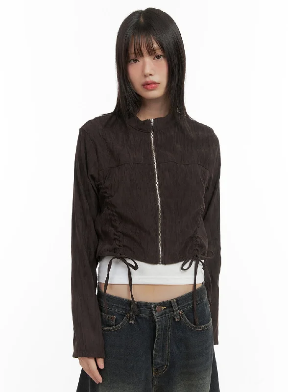 Sweet Modified Style Shirred Suede Slim Crop Jacket CO410