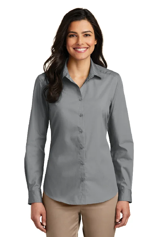 Windbreaker fashion Port Authority Womens Carefree Stain Resistant Long Sleeve Button Down Shirt - Gusty Grey