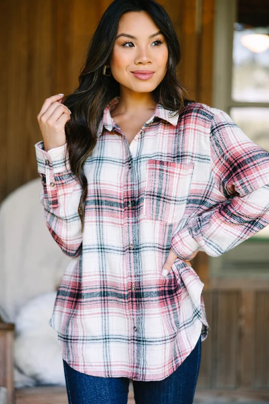 Extra long version All Figured Out Terracotta Pink Plaid Button Down Top