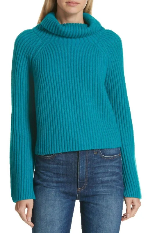 Trendy Traveler Ribbed Cashmere Turtleneck Pullover Sweater In Teal