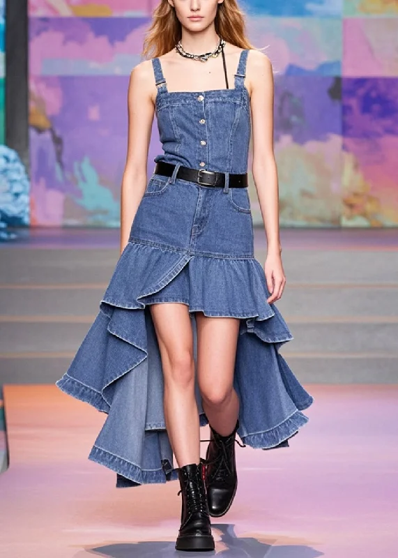 Party Wear Fashion Blue Asymmetrical Patchwork Denim Wraped Skirts Spring