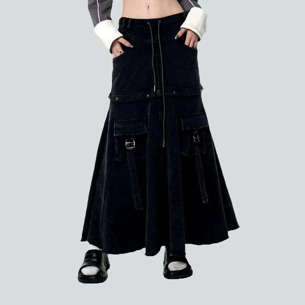 Simple research Detachable denim skirt with drawstrings