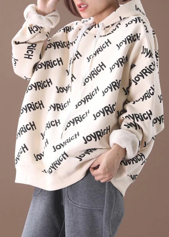 Street Style Simple drawstring cotton hooded top silhouette Outfits beige alphabet prints tops