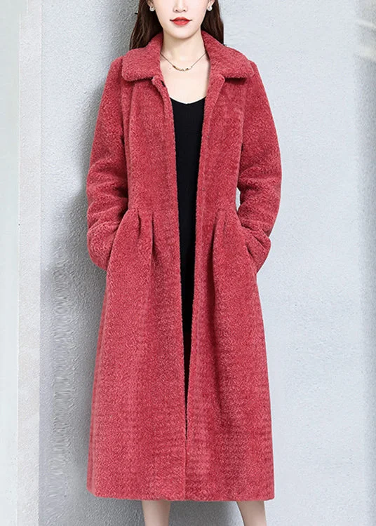 Street Sports Style Top Quality Watermelon Red Wrinkled Pockets Woolen Coats Long Sleeve