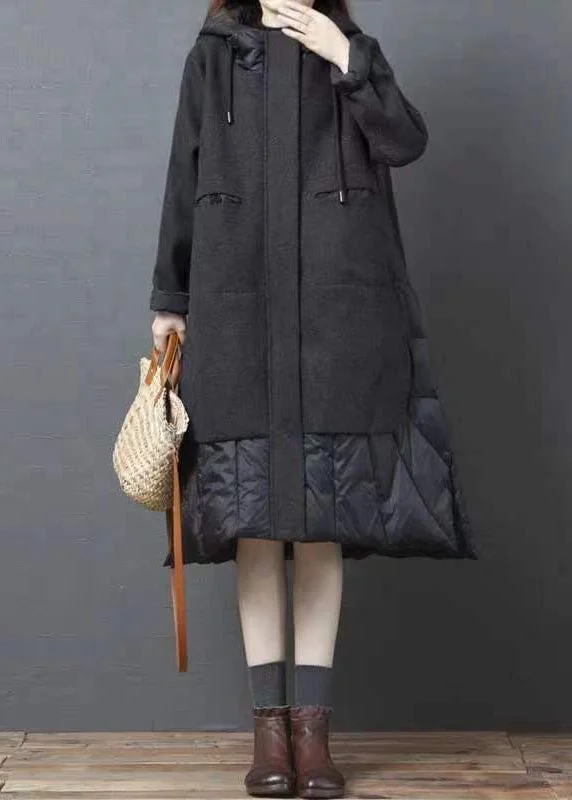 Elegant Style New Black Hooded Pockets Patchwork Thick Woolen Long Coat Winter