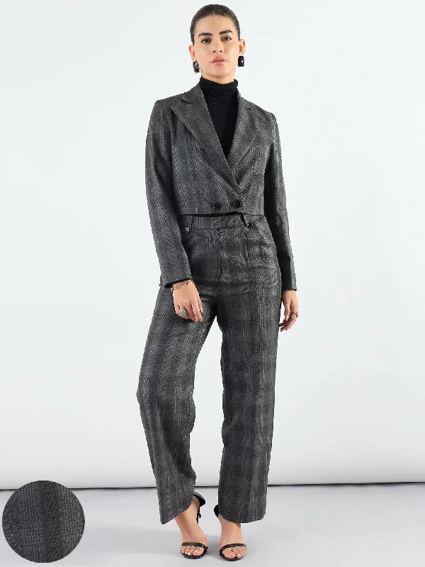 Amazing design Stylish Grey Notched Lapel Checkered Warm Crop Blazer With Trouser